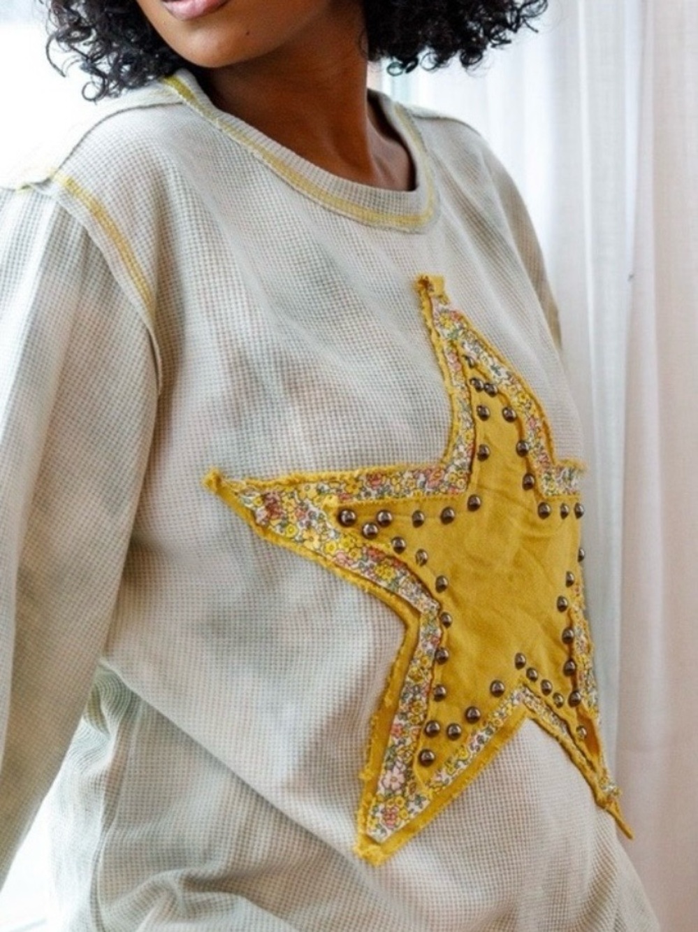 POL Cream Waffle Embellished Yellow Star Pullover